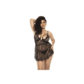 Nuisette noir Selma grande taille, en dentelle, avec armatures et string assorti inclus 